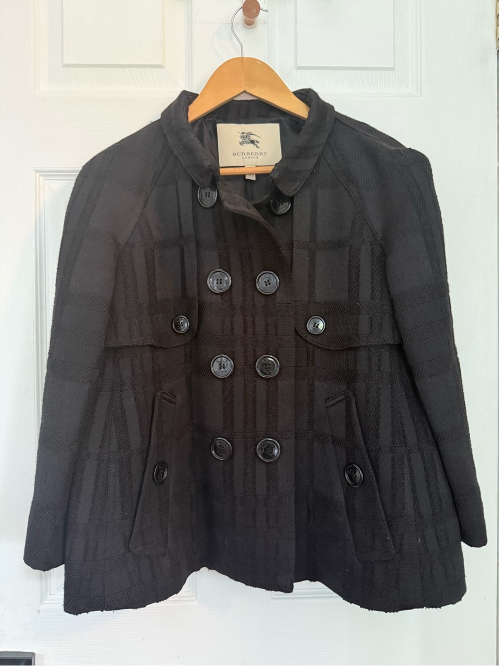 Authentic Burberry London Black Textured Plaid Double-Breasted Peacoat / Jacket